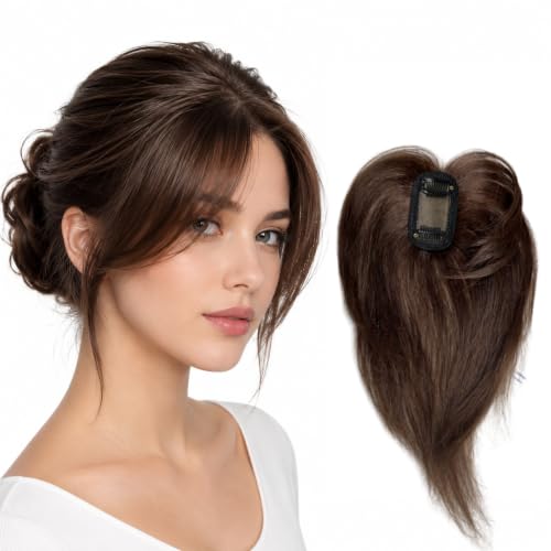 Anemone Natural Human Hair Side Bangs for Women Middle Part Clip-in Extensions Invisible Mini Small Hairpieces Topper (Dark Brown #2)