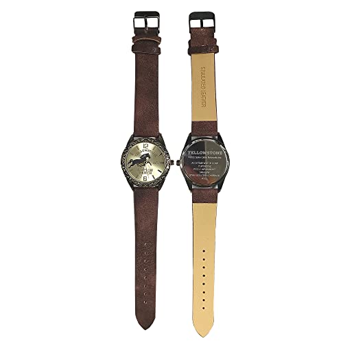 Yellowstone Analog Watch for Men – Antique Gold Alloy Case with Western Engraving – Distressed PU Leather Strap – Sunray Dial with Ranch Horse Artwork – Quartz Movement – Fits Wrists 5.5" to 8" - Image 3