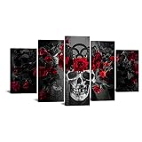 Conipit Red Rose Skull Canvas Wall Art Black Red Painting for Living Room Flower Skeleton Picture Da