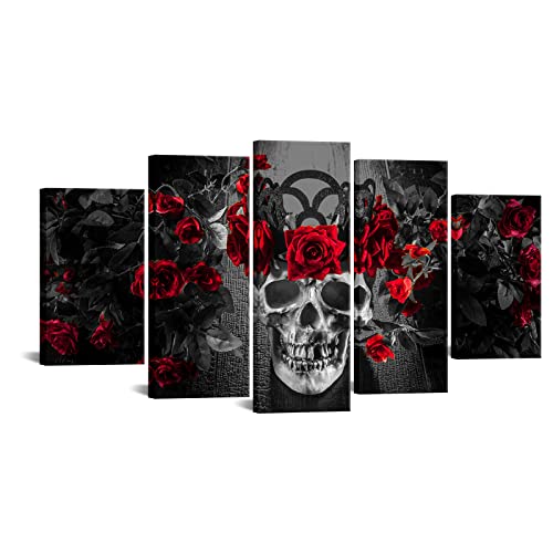 Conipit Red Rose Skull Canvas Wall Art Black Red Painting For Living Room Flower Skeleton Picture Day Of The Dead Artwork Vintage Gothic Poster Prints For Bedroom Framed - 60"X32" #TOP8