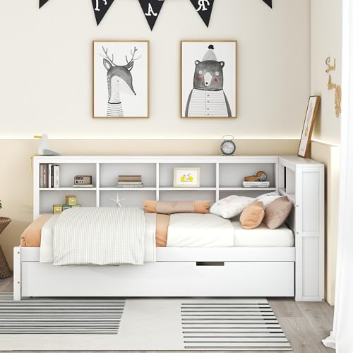 HomSof Wooden Twin Size DayBed with Twin Trundle, DayBed with Storage Shelf and USB Charging Ports Power Outlet,White