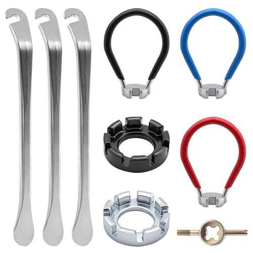 KCMOSGI 9 Pcs Bike Spoke Wrenches, Bike Spoke Tool Kit with 9 Bicycle Tire Levers, Spoke Wrench with Rubber Handle, Bike Repair Tool Kit, 4 Different Types of Bicycle Tire Lever Tools