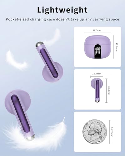 Image of Wireless Earbuds, 2026 Bluetooth 5.4 Headphones Bass Stereo Ear Buds with Noise Cancelling Mic, LED Display in Ear Earphones 50H Playtime Ear Buds, IP7 Waterproof for Laptop Pad Phones Pure Purple