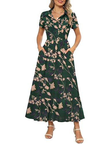 Image of Kranda Women 2026 Summer Collared V Neck Short Sleeve Button Down Chiffon Long Tiered Floral Maxi Dress with Pockets
