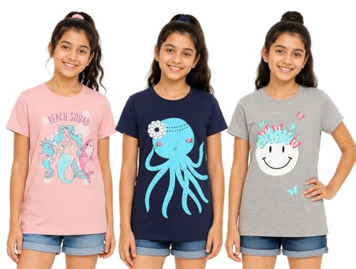 Image of Clotth Theory Girls Super Combed Cotton Regular Fit Round Neck Printed Short Sleeve Tshirt -Combo Pack of 3