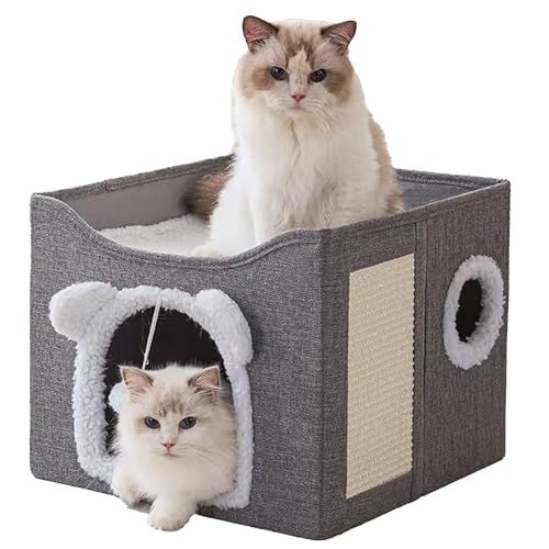 yannayeri Large Cat House for Indoor Cats Foldable Hideaway with Hanging Fluffy Ball & Scratch Pad with Washable Removeable Cover 16.5 * 16.5 * 13 inch Grey
