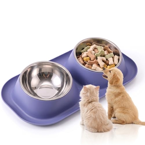 Suhaco Double Dog Bowl Raised Dog Food Bowl Non Slip Stainless Steel Double Bowls with Non-spill for Small Dogs and Cats (Dark Blue)