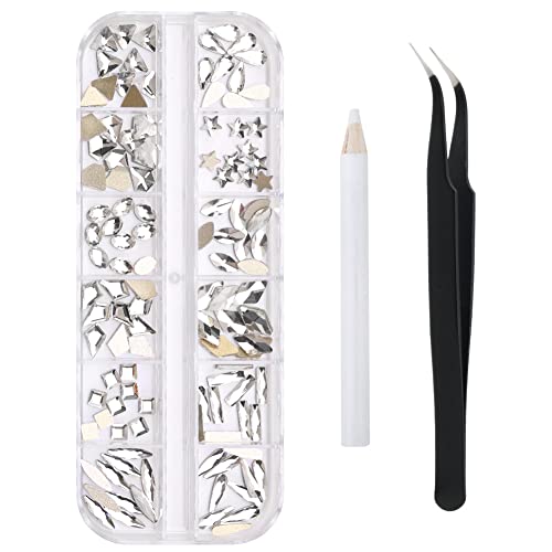 GAVIYE 120 Pieces Flatback Rhinestones for Crafts, Nail Gems, Glass Diamonds with Tweezers and Picking Pen, 12 Shapes (White)