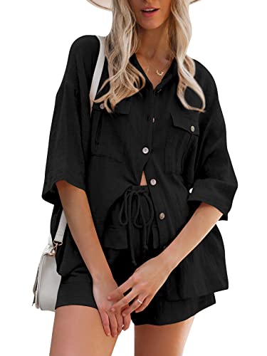 Women's 2 Piece Linen Outfits Half Sleeve V-Neck Shirts And Mini Shorts Set Casual Summer Beach Lounge Tracksuit Sets #TOP3