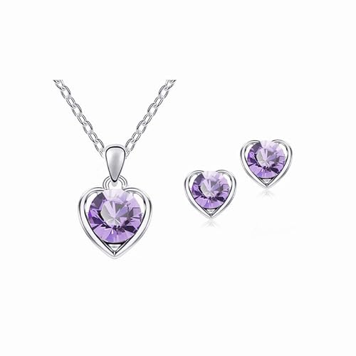 Heart Necklace & Earing for Women, Plate Gold Cute Heart Pendant Adjustable Slider Love Heart Crystal Necklace with Zircon Earings (Light Purple)