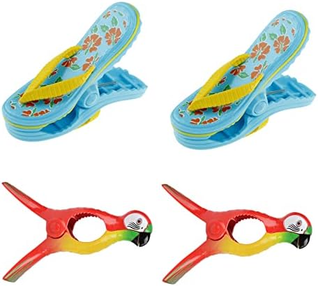 4 Pcs Beach Towel Clips, Sunbed Towel Clips, Novelty Beach Towel Pegs, Large Laundry Clothes Pegs, for Sun Loungers Pool Chairs (Parrot + Slippers (4pcs))