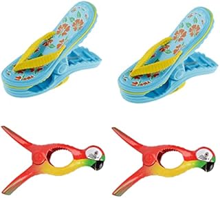 4 Pcs Beach Towel Clips, Sunbed Towel Clips, Novelty Beach Towel Pegs, Large Laundry Clothes Pegs, for Sun Loungers Pool Chairs (Parrot + Slippers (4pcs))