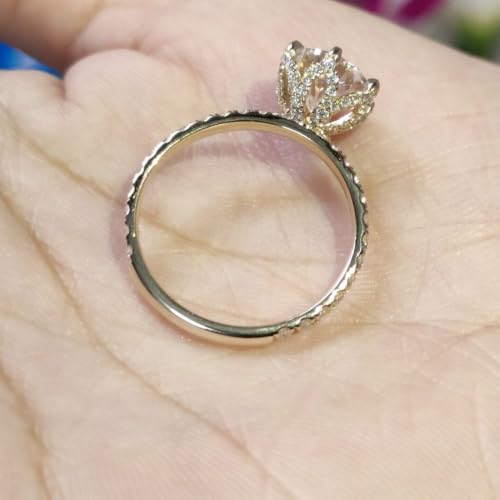 Silvart Tulip Petal Engagement Ring 18K Yellow Gold Plated Round Pave Solitaire 6 Prong Flower Basket Setting Nature Inspired Ring 925 Sterling Silver Classic Simple Wedding Anniversary Band - Image 2