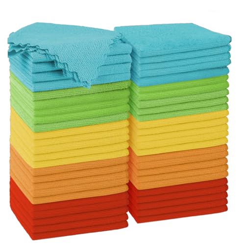 Puomue Microfiber Cleaning Cloth, 50 Pack Cleaning Rags with 5 Color Assorted, Absorbent and Lint...