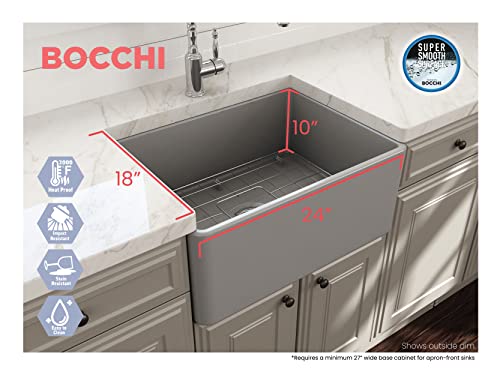 Bocchi Classico Farmhouse Apron Front Fireclay 24 In. Single Bowl Kitchen Sink With Protective Bottom Grid And Strainer In M.gray #TOP2