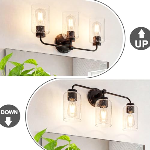 Image of 3-Light Bathroom Vanity Light Fixtures, 18 Inch Black Vanity Light | Thick Seeded Glass, Bathroom Wall Lamp for Mirror, Rust-Proof, Reversible Up /Down Mount, ETL Certified, E26 Ceramic Sockets