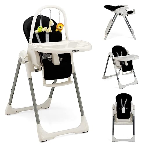 Image of INFANS High Chair for Babies and Toddlers, Foldable Highchair with 7 Different Heights 4 Reclining Backrest Seat 3 Setting Footrest, Removable Tray Built-in Rear Wheels with Locks (Black)