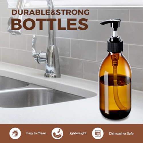Homepicker 10 oz Small Amber Glass Soap Dispenser with Pump, Glass Pump Bottle for Lotion Body Oil, 300ml Hand and Dish Soap Dispensers Set with Storage Caps, Labels - 2 Pack