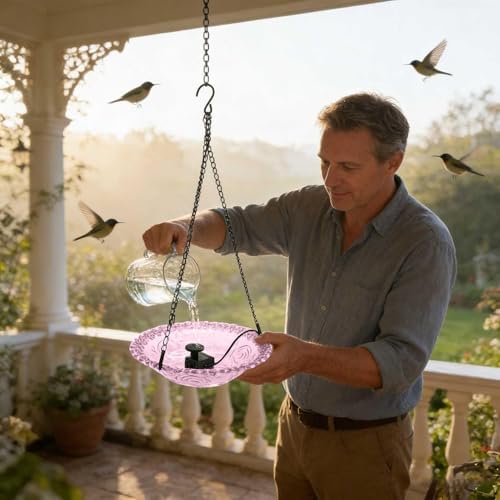 Solar Cascade Hanging Bird Bath Fountain - Outdoor Hanging Bird Bath with Solar Pump & Glass Bowl, Attracting Wild Birds & Hummingbirds for Garden Patio Lawn (Purple) - 3