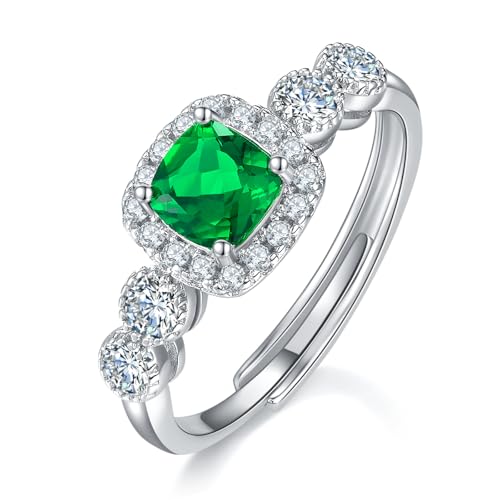 Birthstone Rings,0.25 carat Colombian Recrystallized Lab Emerald Ring,925 Sterling Silver,Square Cut,For Wedding/Engagement/Valentine's/Anniversary,Adjustable Open Design