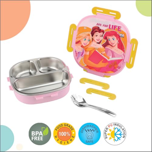 Image of SKI Baker Steel Lunch Box for Kids, 3 Compartment Insulated School Tiffin with Spoon, Leak-Proof, BPA Free, Bento Box for Boys & Girls, Birthday Gifts, Party Favours - Princess