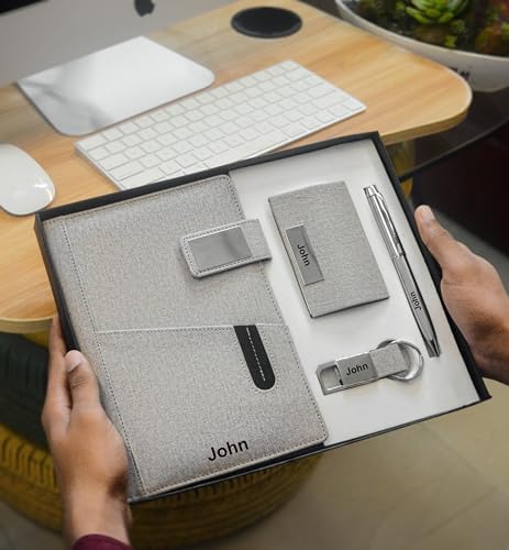 Image of Personalised 4 in 1 Corporate Gift Set which includes Diary,Keychain, Metal Pen & Card holder. Gift Set For employee of the month,Personalised Diary Corporate Gift for Clients.