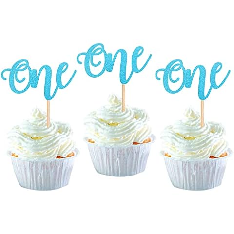 SYKYCTCY 24 Pack One Cupcake Toppers Glitter Baby First Birthday Party Cupcake Food Picks Decorations for Baby Shower Boys Girls Kids 1st Birthday Party Cake Decorations Supplies Blue Cover