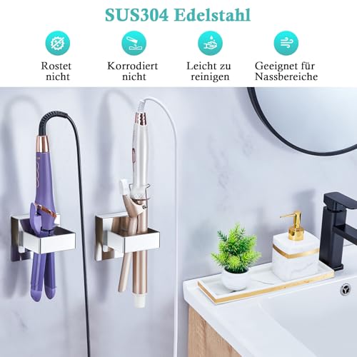 Glätteisen Halterung, Föhnhalter Wand Ohne Bohren, Lockenstab Halterung, Edelstahl Lockenstab Aufbewahrung, Selbstklebender Haartrocknerhalter, Glätteisenhalter für Bad, Friseursalons, Schminktisch
