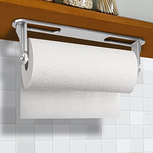 Paper Towel Holder Under Cabinet,Foldable Wall Mounted Paper Towel Holder with Adhesive and Screws for Kitchen,Dining RoomBathroom,Garage,13.8in(Silver)