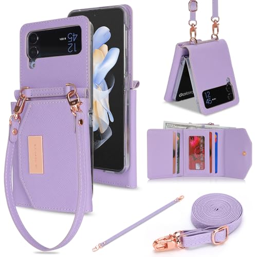 AJDJTEN Phone Case for Samsung Galaxy Z Flip 4, Crossbody Wallet Phone Cover with Card Holders Cash Slot Wristlet Strap, Fashion Leather Handbag Flip 4 Phone Case for Women Girls (Purple)