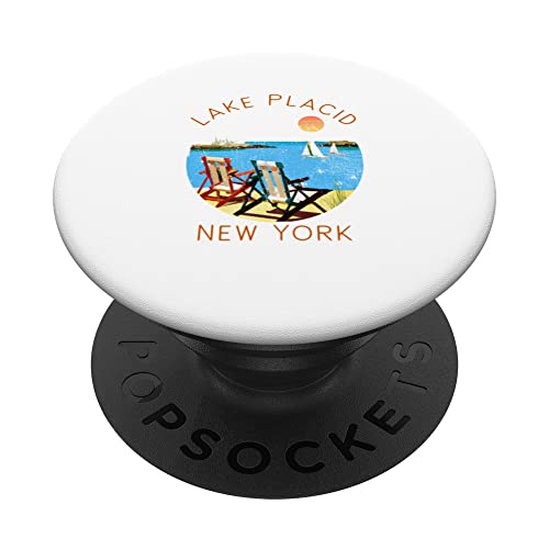 Retro Lake Placid Souvenir - Vintage lake Vacation PopSockets Swappable PopGrip, Black
