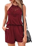 Picture of Miladusa Womens Rompers Casual Summer Outfits Short Jumpsuits Solid Color Elastic Waist Rompers with Pockets (Red, Small)