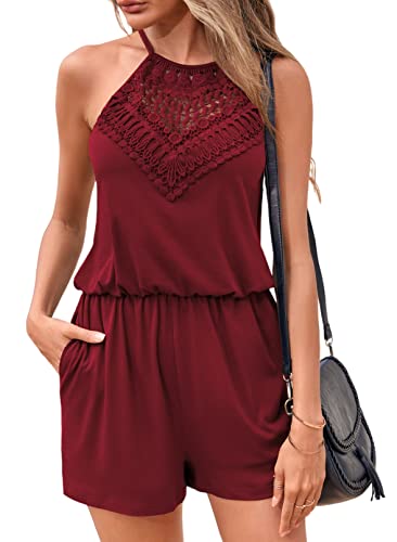Miladusa Womens Rompers Casual Summer Outfits Short Jumpsuits Solid Color Elastic Waist Rompers with Pockets (Red, Small)