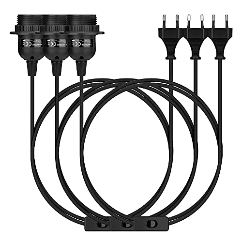 kwmobile Portalámparas E27 con cable - Set de 3x casquillo para bombilla con enchufe - 3x Base de lámpara con interruptor y cable de 5 m - En negro