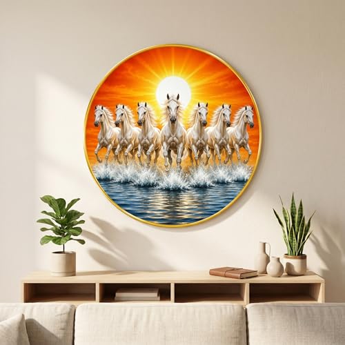 Image of SAF 7 Horse Vastu Round Wall Painting with Premium PVC Golden Frame, White Running Horses Sunrise Water Art for Living Room Office Home Decor Gift (16 x 16 Inch) GRM-445