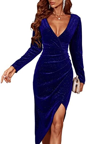 Dokuritu Blue Dress Women's Sexy Velvet Long Sleeve Cocktail Ruched Deep V Neck Split Asymmetric Hem Glitter Wrap Club Midi Dresses Winter (Blue, L)