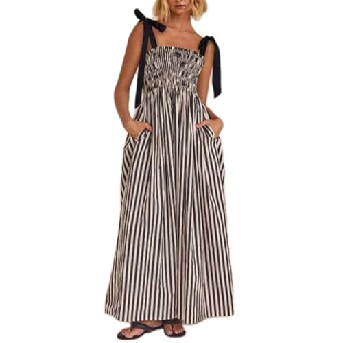Women Striped Maxi Dress Sleeveless Spaghetti Strap Summer Beach Midi Wwing Dress Boho Smocked Flowy Long Sundress