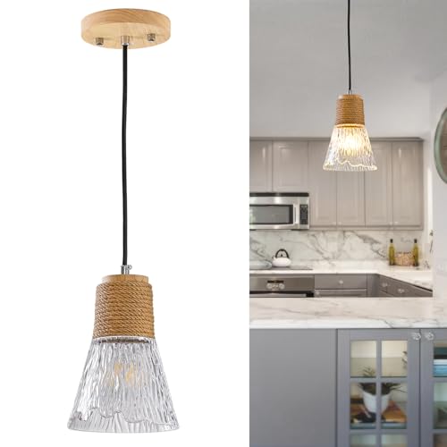 Luxury Pendant Light Fixtures for Kitchen Island, Farmhouse Rattan Adjustable Hanging Lamp for Living Room, Modern Crystal Chandelier with Water Ripple Glass Lampshade for Dining Room Bedroom 5.9inch