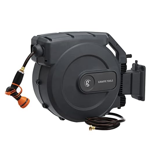 Giraffe Tools AW505/8 Retractable Garden Hose Reel 5/8" x 115+5 ft, Heavy Duty Wall Mounted Water Hose Reel Automatic Rewind, 180 Deg Swivel Bracket, Slow Retraction, 115ft, Dark Grey