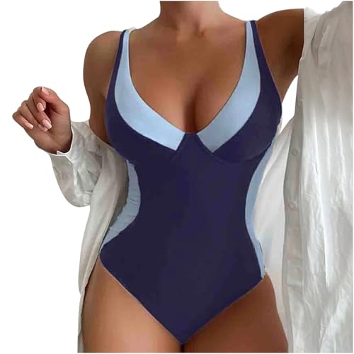 Traje de Baño Mujer Alta Bañador Pecho Grande Conjunto de Bikini con Cintura Recortada y Estampado para Mujer, Primavera/Verano, con Parte Superior en el Bañador Falda Bañadores (Dark Blue, S)