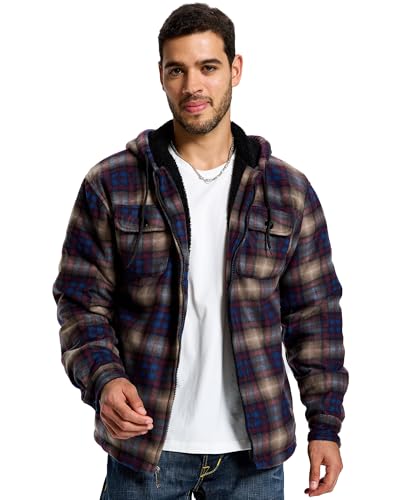 Image of TanBridge Men's Cotton Plaid Shirts Jacket Full Zip Fleece Flannel Sherpa Lined Hoodies Heavyweight Hoodies Jacket for Men