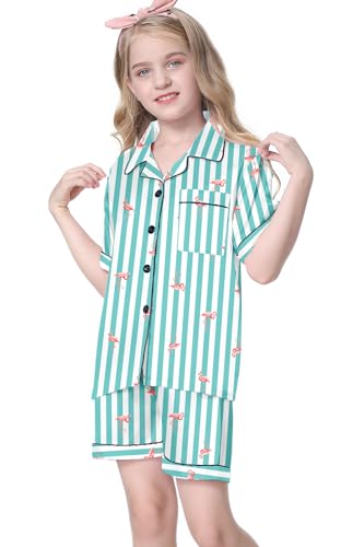 Image of Umeyda Women & Girls Pajamas Set, 2 Piece PJS Satin Silk Sleepwear Button-Down Top with Shorts for Mom Kids Gifts