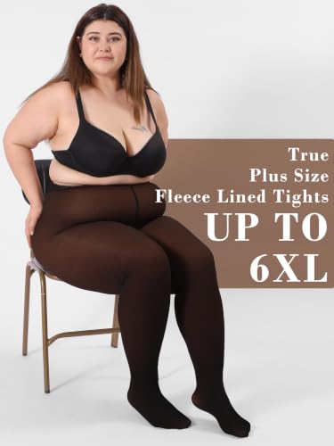 HONENNA Plus Size Fleece Lined Tights, Fake Transparent Curvy Winter Thermal Tights for Women under Dress, Cocoa XL-2XL Plus