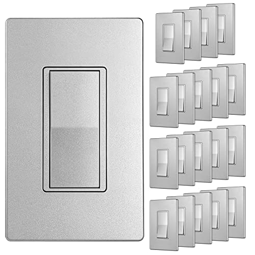 [20 Pack] Bestten Silver Single Pole Light Switch With Screwless Wallplate, Decorator Wall Switch, On/Off Rocker Paddle Interrupter For Led And Other Lamps, Signature Collection, 15A 120V, Ul Certifi #TOP17
