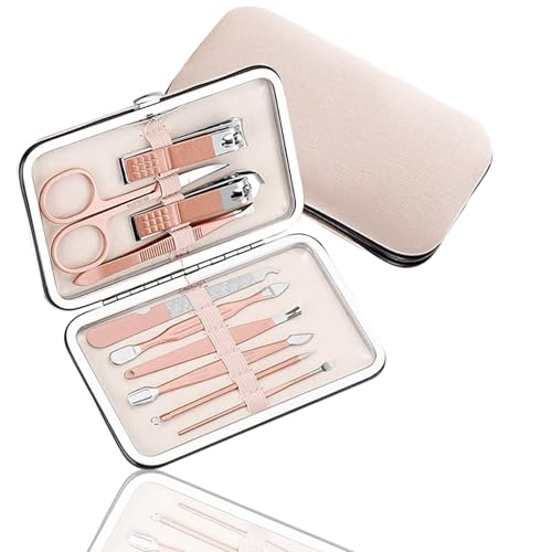 QUALITYLUX - Set Manicura y Pedicura Profesional, Acero Inoxidable, Incluye Estuche De Cuero, Kit Completo Cuidado Uñas, Kit Podología, Calidad Profesional Salón De Belleza (ROSA ORO 10 PIEZAS)