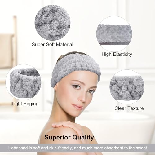 KEYRI 4 PCS Spa Headband Makeup Head Hair Bands for Women Skincare Headband Soft Coral Fleece Elastic Facial Makeup Headband for Washing Face Shower Sports Beauty Skincare(Black+White+Pink+Grey) - Image 3