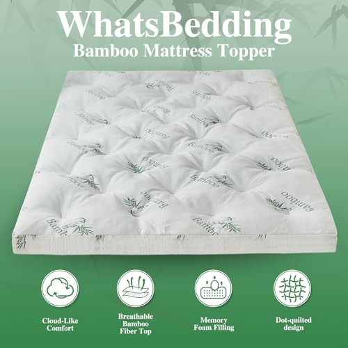 Image of WhatsBedding 4 Inch Memory Foam Mattress Topper Full for Back Pain Relief, Filled with Breathable Gel Memory Foam, Cooling Bamboo Viscose Air Layer, Supportive Pillow Top Mattress Topper