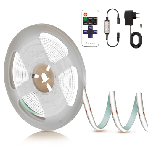 PSTAR Striscia LED COB 2M, Banda LED 6500K Bianco Dimmerabile con con Alimentatore e Telecomando, Autoadesiva 24V, 320LEDs/m nastro luminoso Luci tagliabile per Cucina, Soggiorno, Scale