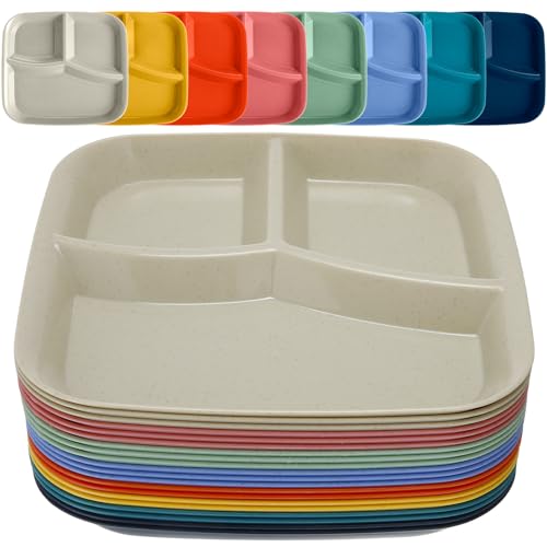 Acellegic 20 Pcs Plastic Divided Plates with 3 Compartments for Adult 9 Inch Portion Control Plates 10 Colors Reusable Unbreakable Dinnerware Lightweight Food Separator (Square) by Acellegic - Used condition - US$23.51
