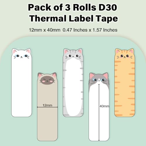 Image of Phomemo 3 Rolls D30 Label Maker Tape, Black on Cat Patterns, Vertical Label Tape, Special Shapes, Pre-Cut Self-Adhesive Stickers, Thermal Paper, Label Tag 12x40mm
